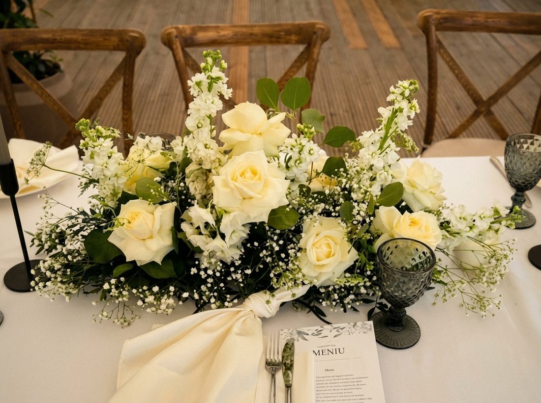 Aranjament floral cu trandafiri albi și verdeață pe o masă de eveniment, alături de meniul tipărit